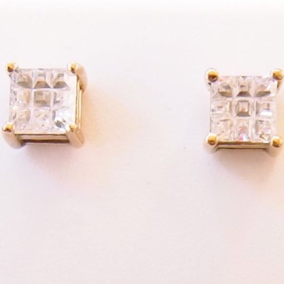 14 K. Gold Over .925 Sterling Silver Diamond Earring Studs 6mm x 6mm - Picture 2 of 3